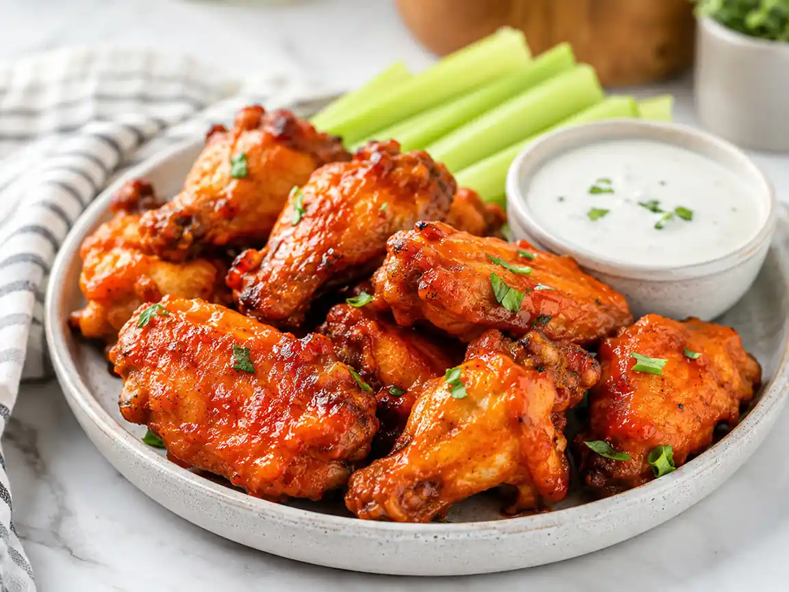 Buffalo chicken wings served with celery sticks and creamy ranch dipping sauce