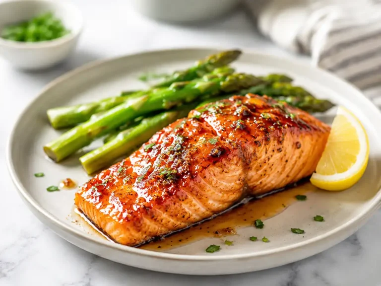 Maple glazed salmon served with asparagus and lemon on a dinner plate