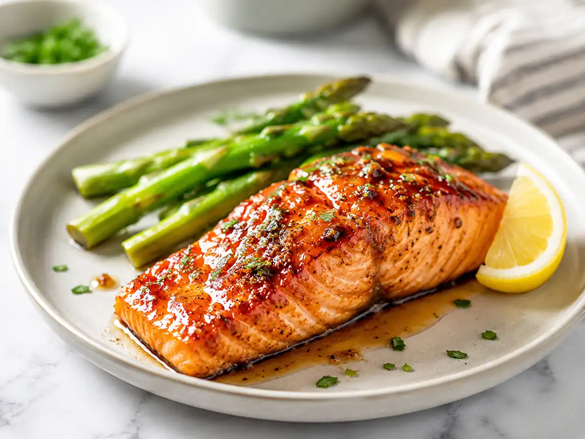 Maple glazed salmon served with asparagus and lemon on a dinner plate