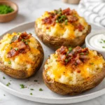 Loaded baked potatoes topped with melted cheese, crispy bacon, and sour cream