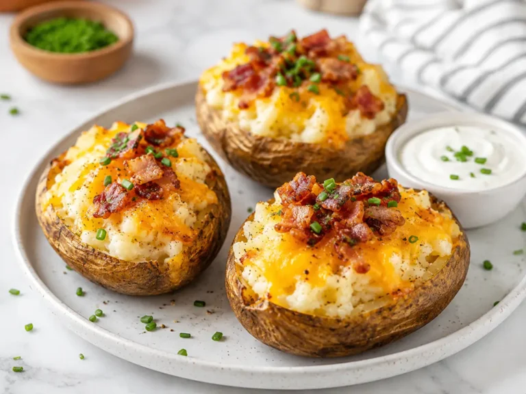 Loaded baked potatoes topped with melted cheese, crispy bacon, and sour cream