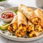 Breakfast taquitos filled with eggs, sausage, and cheese served with salsa and avocado