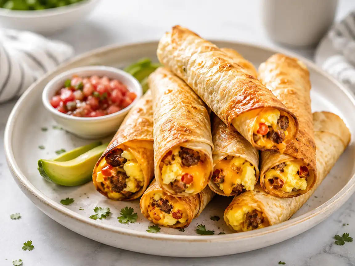 Breakfast taquitos filled with eggs, sausage, and cheese served with salsa and avocado