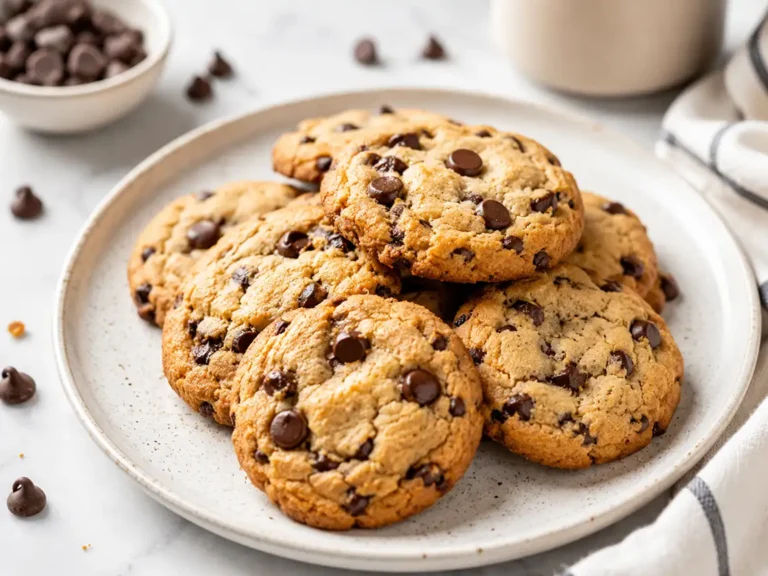 Chocolate chip cookies with golden edges and melted chocolate chips served on a plate
