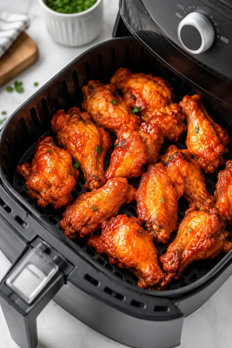 Air fryer buffalo chicken wings cooking inside an air fryer basket