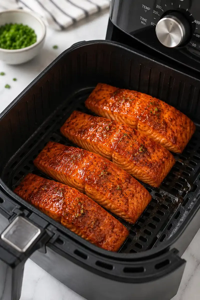 Maple glazed salmon fillets cooking inside an air fryer basket