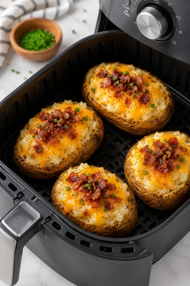 Air fryer loaded baked potatoes with cheese and bacon inside an air fryer basket
