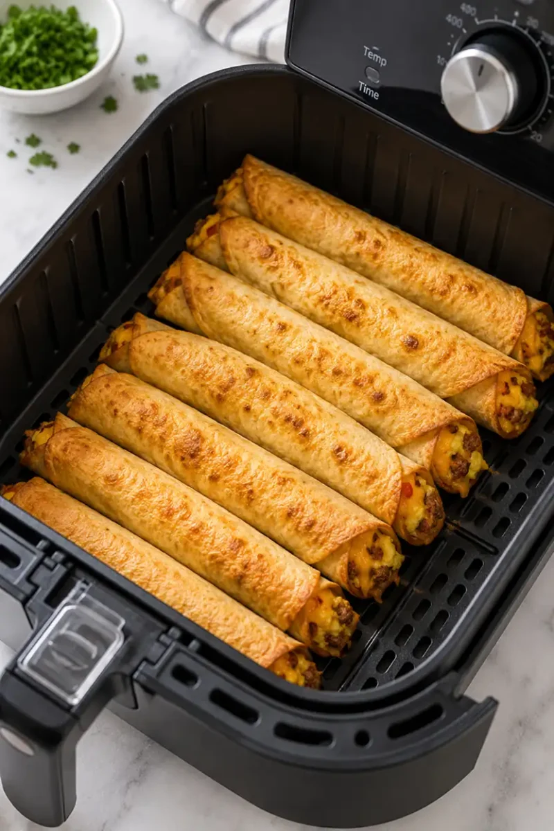 Air fryer breakfast taquitos filled with eggs, sausage, and cheese inside an air fryer basket