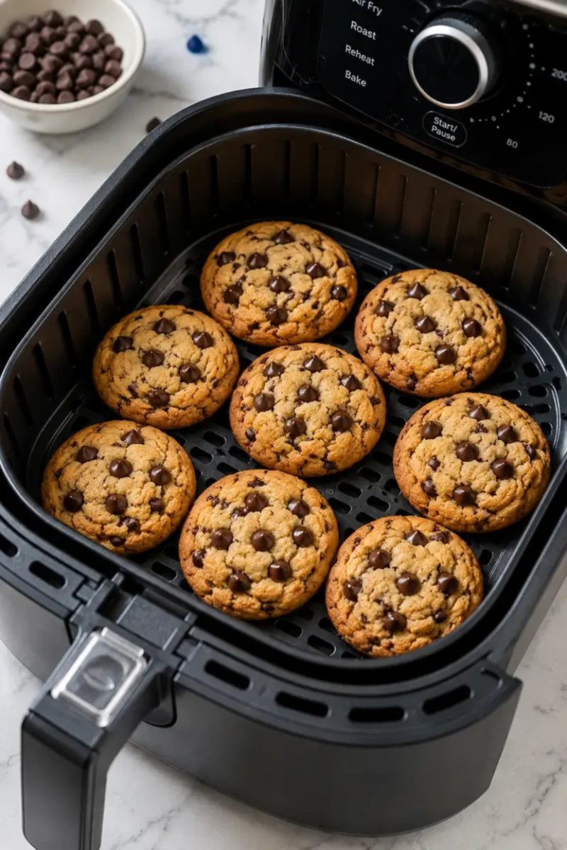 Air fryer chocolate chip cookies baking inside an air fryer basket