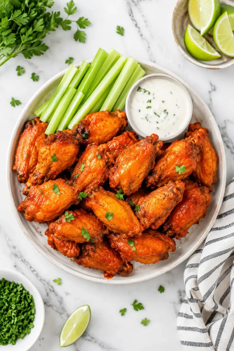 Overhead view of crispy buffalo chicken wings with celery sticks and ranch sauce
