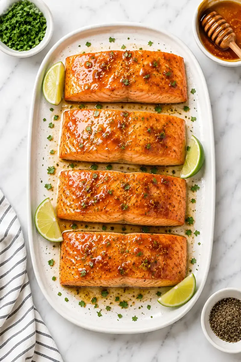 Overhead view of maple glazed salmon fillets with lime wedges and fresh herbs