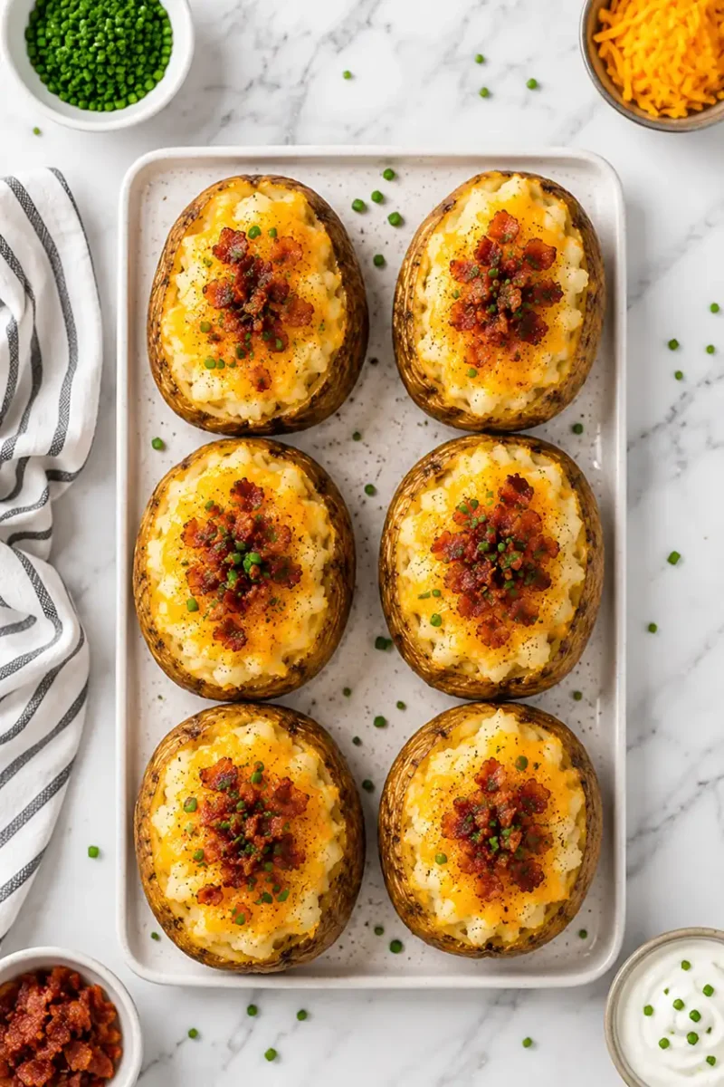 Overhead view of loaded baked potatoes topped with cheese, bacon, and chives on a tray