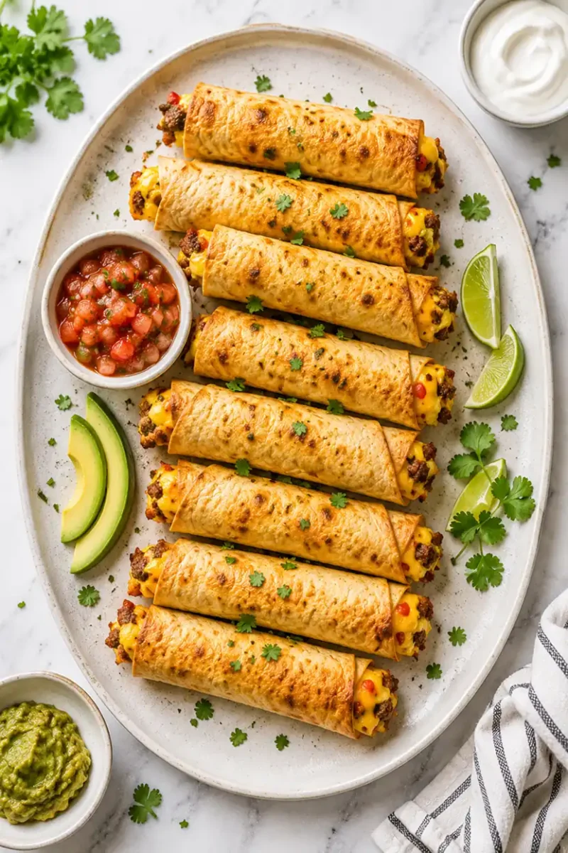 Overhead view of crispy breakfast taquitos with salsa, avocado, and sour cream