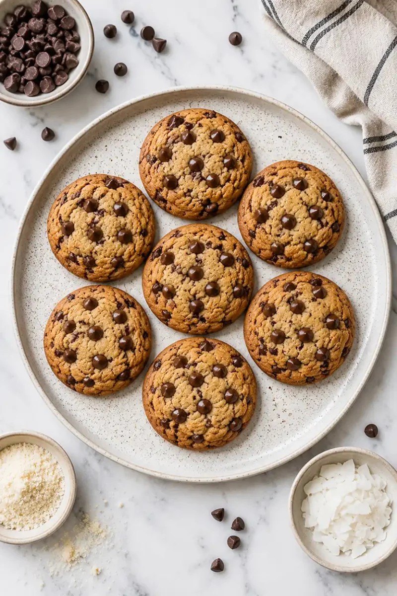 Overhead view of homemade chocolate chip cookies on a serving plate