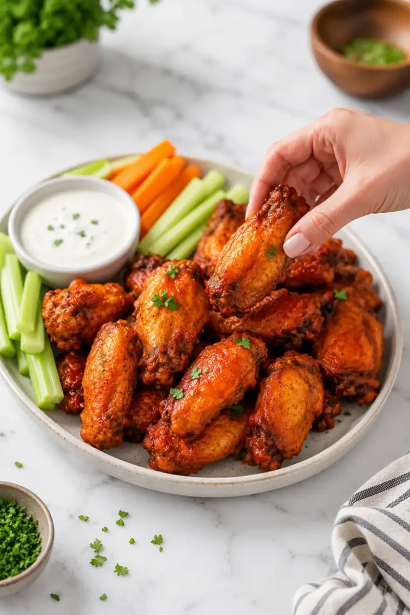 Hand picking up a crispy buffalo chicken wing from a plate with ranch dipping sauce