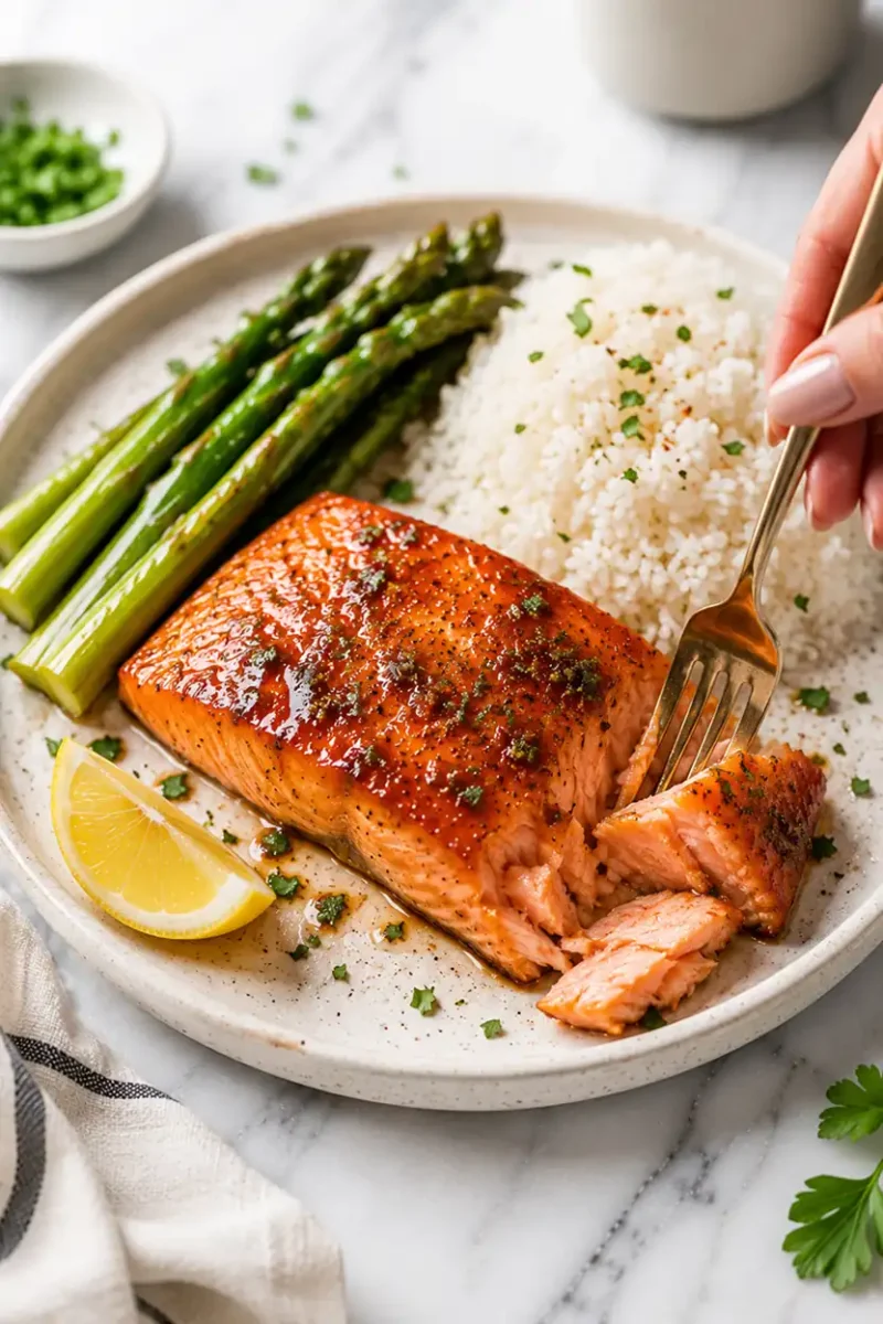 Juicy maple glazed salmon served with asparagus, rice, and lemon wedges