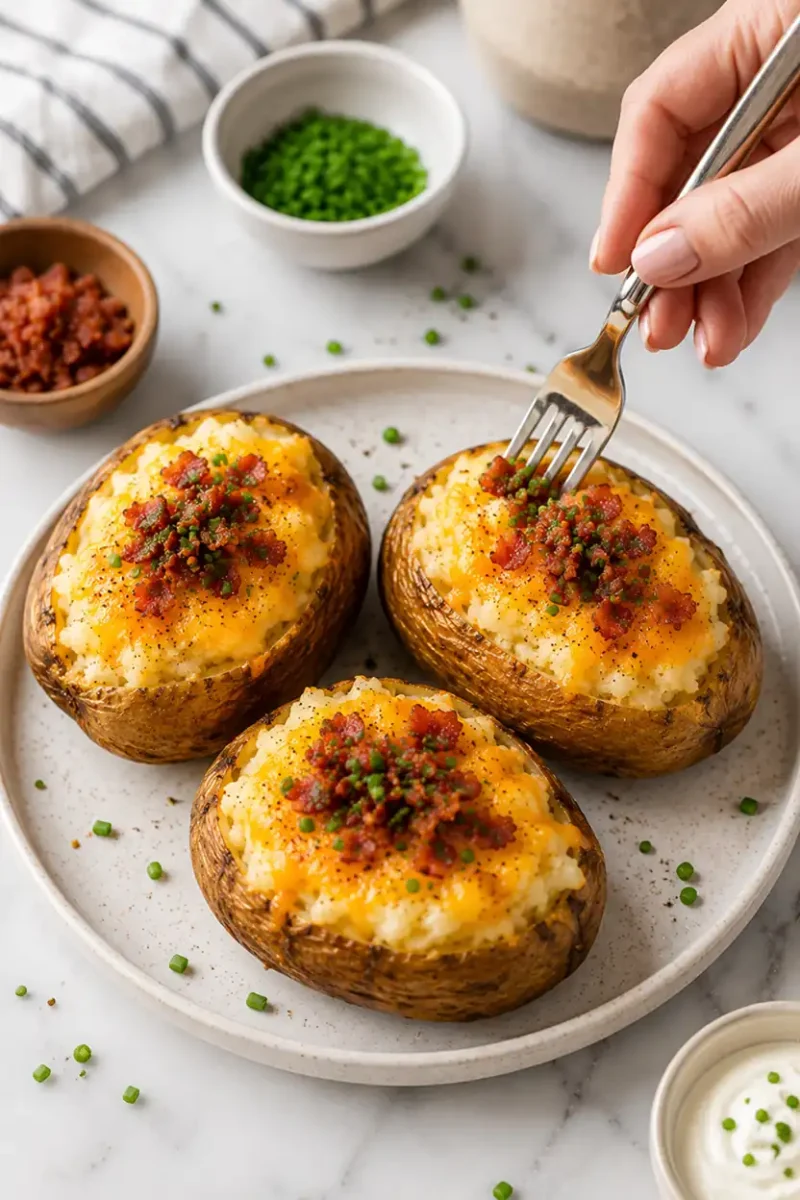 Hand cutting into a loaded baked potato topped with melted cheese and crispy bacon