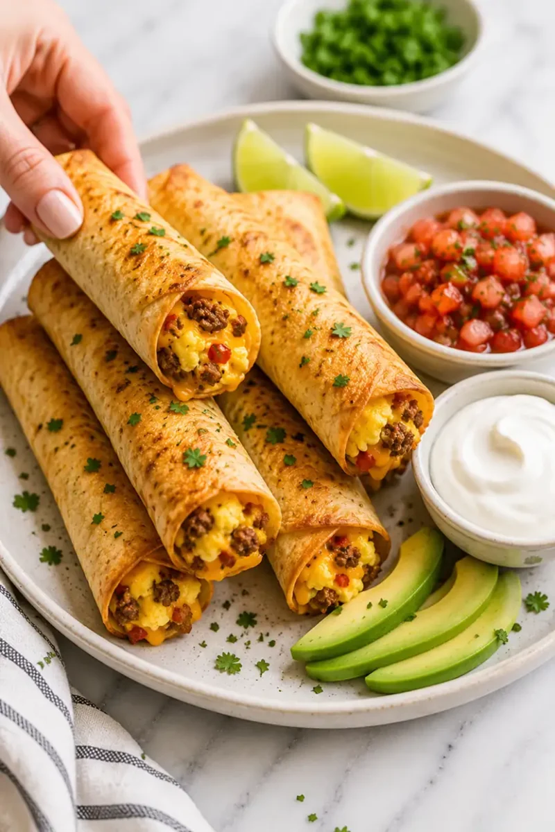 Hand holding a crispy breakfast taquito filled with eggs, sausage, and cheese
