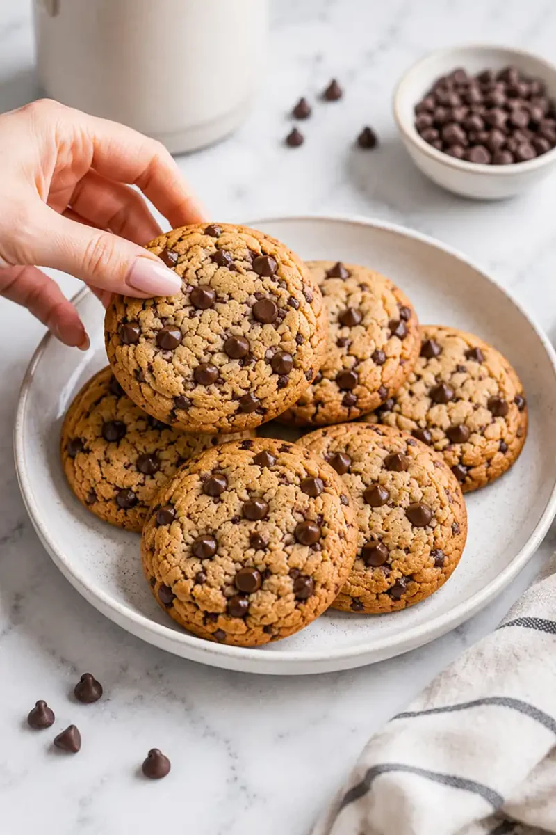 Hand picking up a soft chocolate chip cookie from a plate