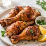 Crispy roasted chicken drumsticks served with lemon wedges on a plate