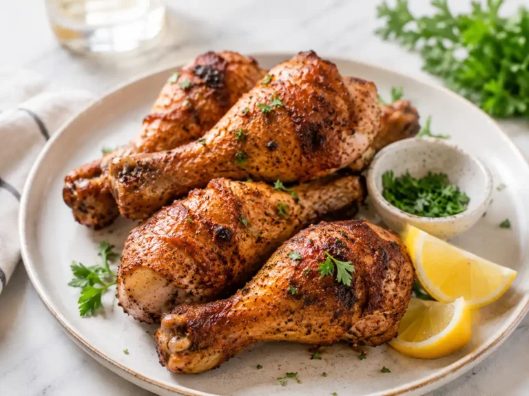 Crispy roasted chicken drumsticks served with lemon wedges on a plate