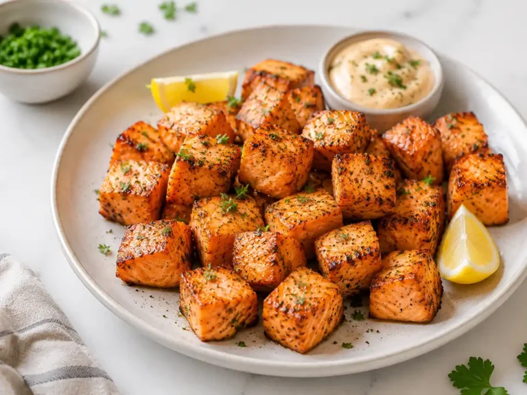 Plate of crispy air fryer salmon bites with lemon wedges and creamy dipping sauce on a marble kitchen counter