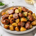 Roasted potatoes and sliced sausage seasoned with herbs served on a dinner plate