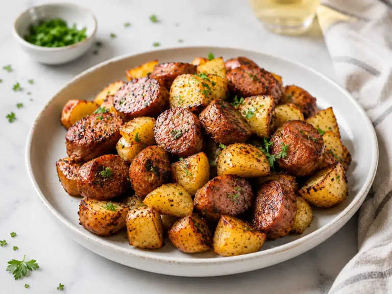 Roasted potatoes and sliced sausage seasoned with herbs served on a dinner plate
