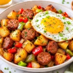 Air fryer breakfast hash with sausage potatoes peppers and a fried egg served in a ceramic bowl