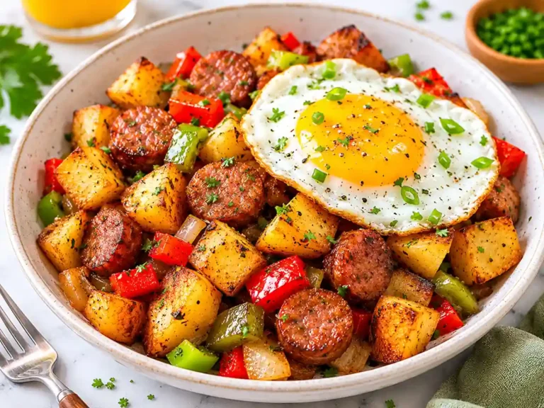 Air fryer breakfast hash with sausage potatoes peppers and a fried egg served in a ceramic bowl