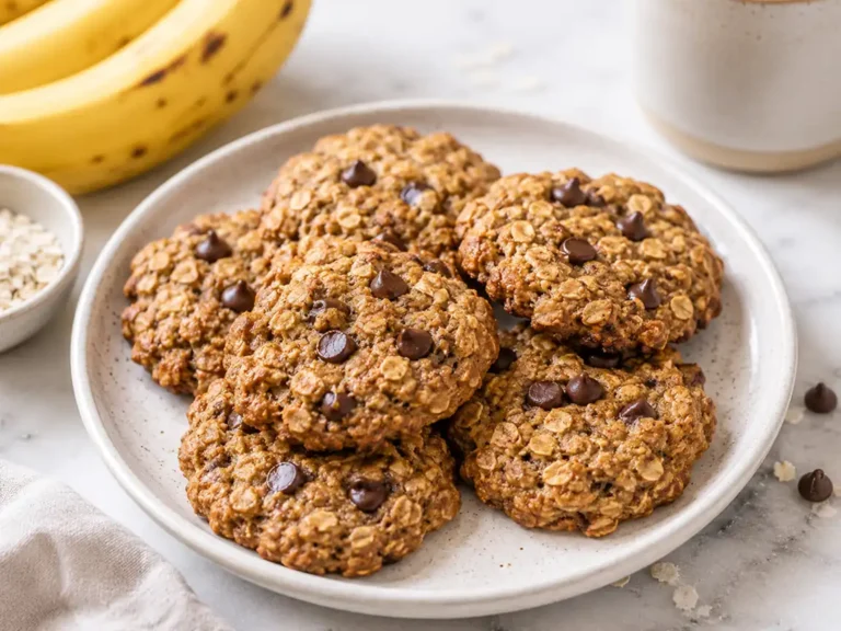 Plate of banana oatmeal chocolate chip cookies with ripe bananas and oats on a marble countertop