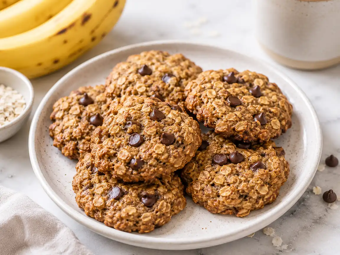 Plate of banana oatmeal chocolate chip cookies with ripe bananas and oats on a marble countertop