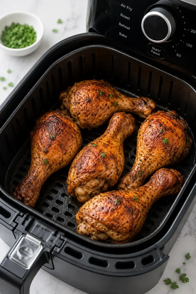 Air fryer chicken drumsticks cooking inside an air fryer basket