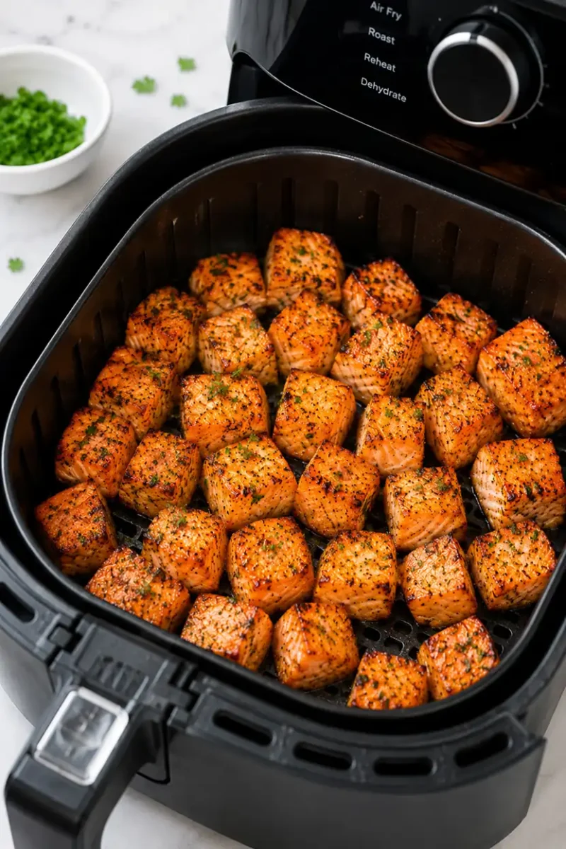 Seasoned salmon bites cooking in an air fryer basket with crispy edges and fresh herbs
