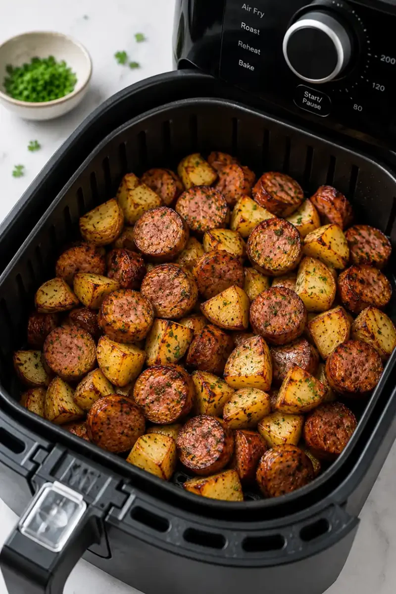 Air fryer roasted potatoes and sausage cooking inside an air fryer basket