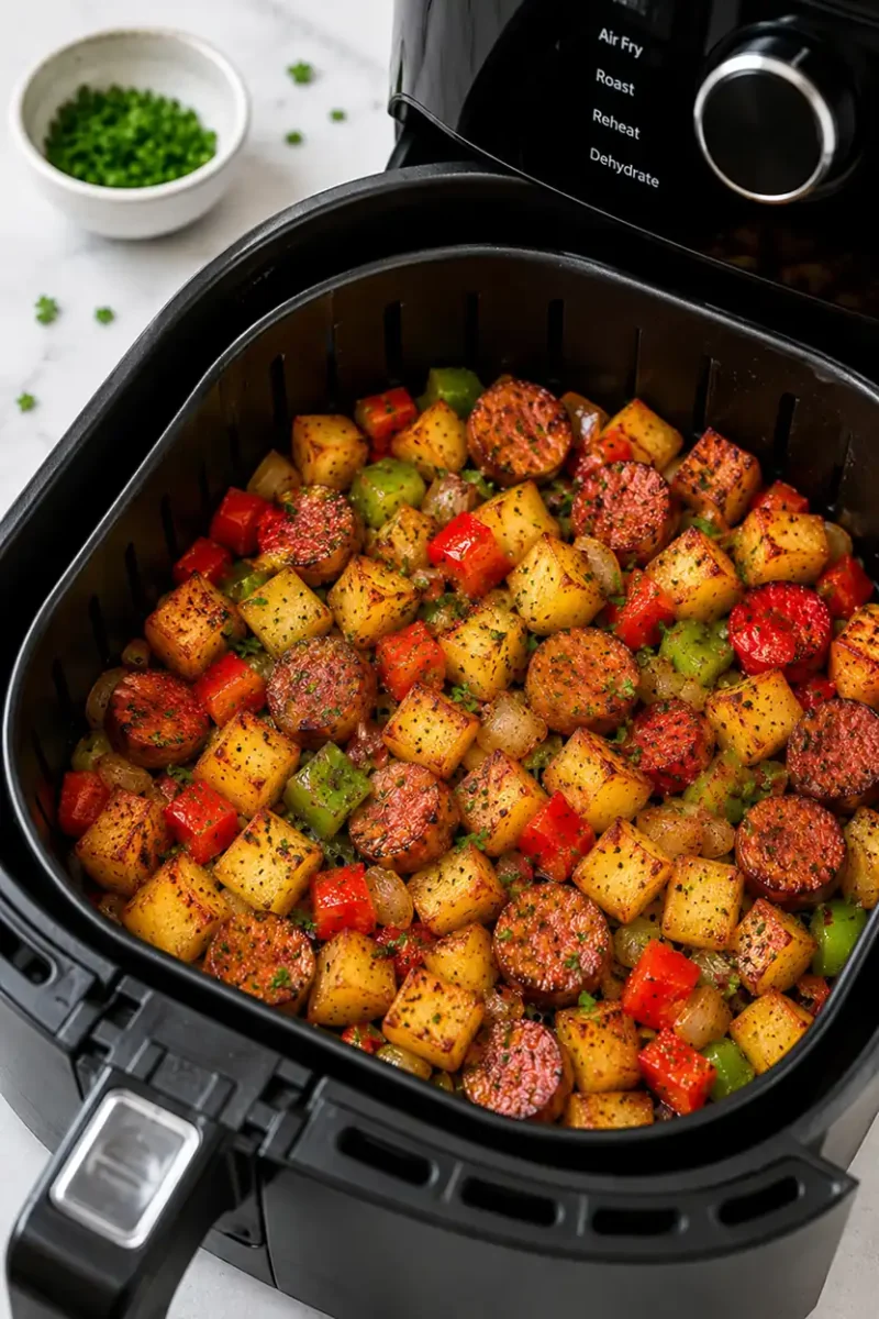 Crispy sausage potato breakfast hash cooking in an air fryer basket with peppers and onions