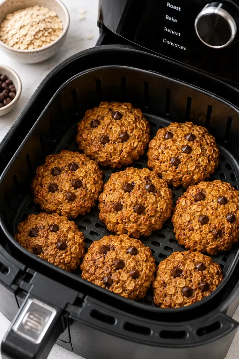 Healthy banana oatmeal chocolate chip cookies baking in an air fryer basket