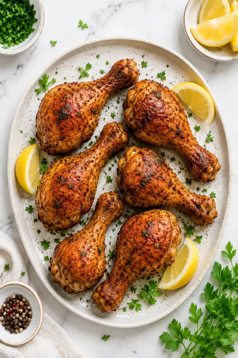 Overhead view of crispy chicken drumsticks with lemon wedges and fresh herbs