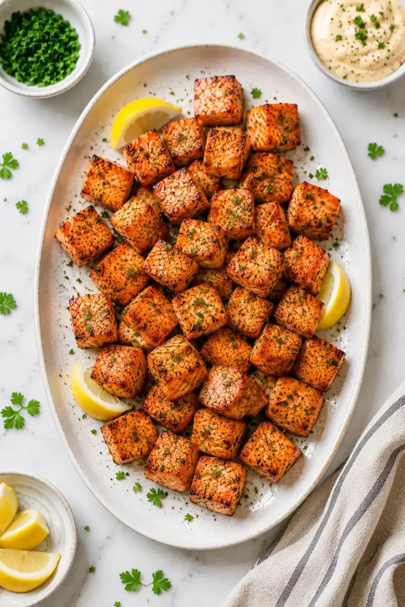 Overhead view of crispy air fryer salmon bites served on a platter with lemon wedges and dipping sauce