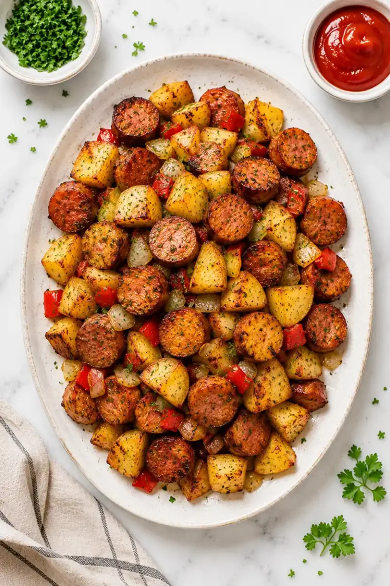 Overhead view of roasted potatoes and sausage with herbs on a serving platter
