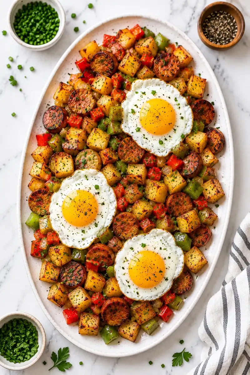 Overhead view of air fryer sausage and potato hash topped with sunny side up eggs