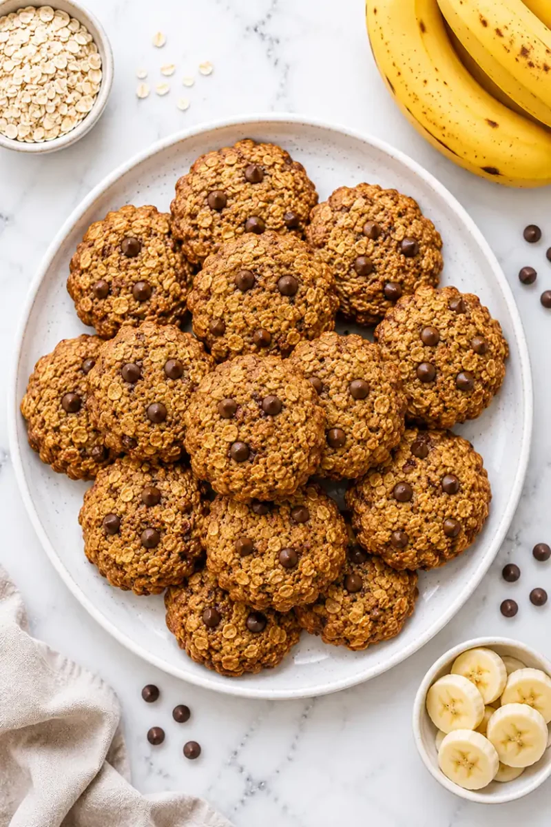 Overhead view of banana oat chocolate chip cookies served on a white plate with fresh banana slices