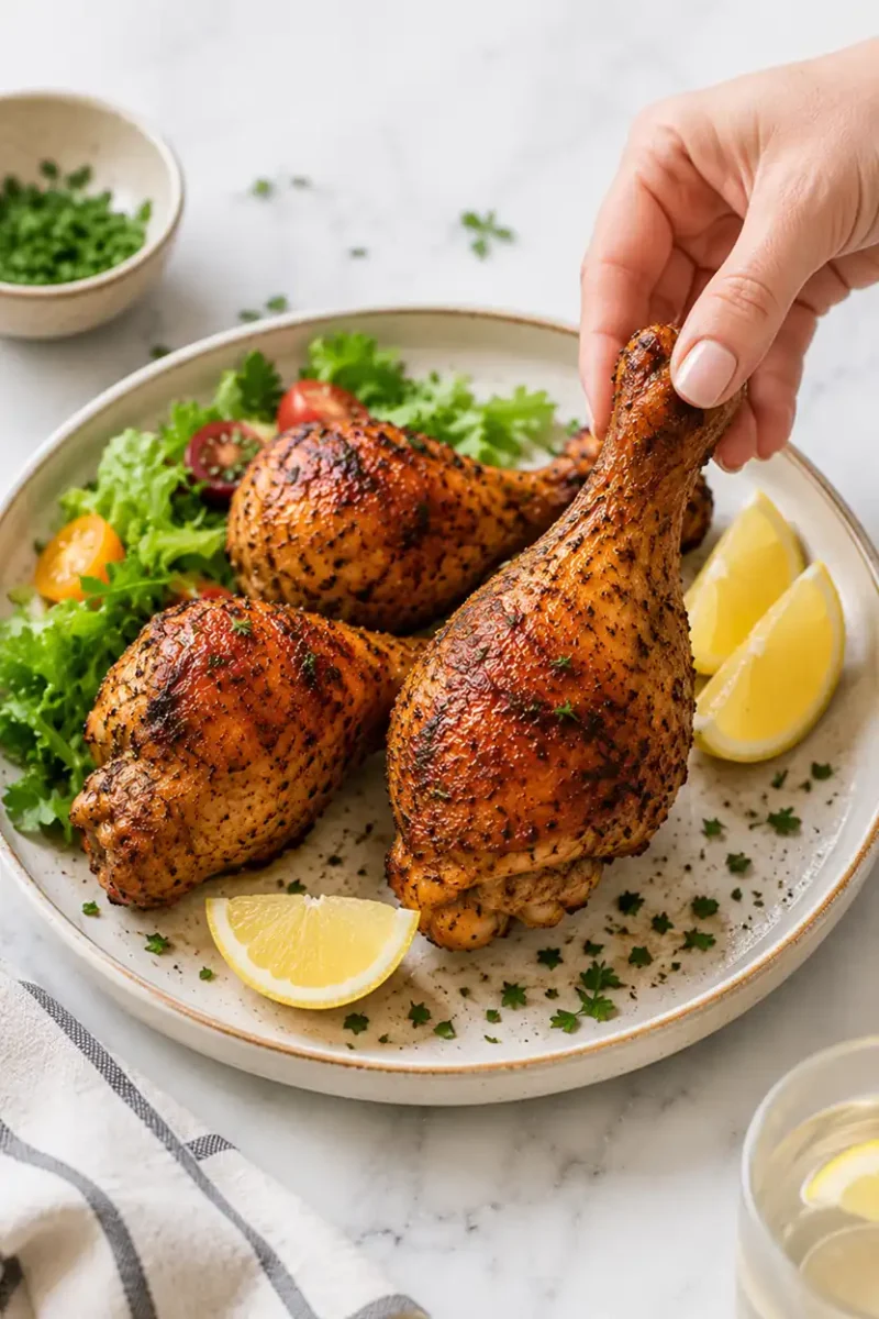 Hand holding a crispy roasted chicken drumstick over a serving plate
