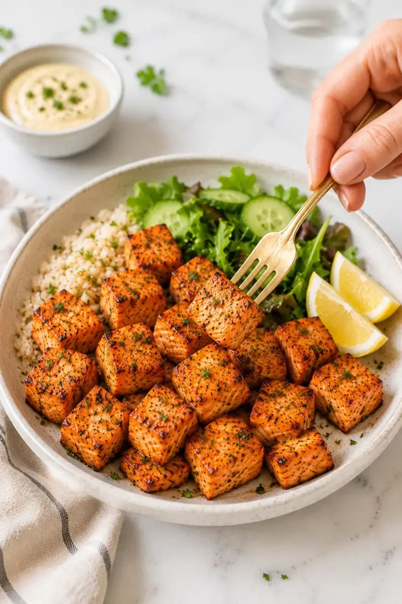 Fork picking up crispy salmon bites served with couscous salad greens and lemon wedges