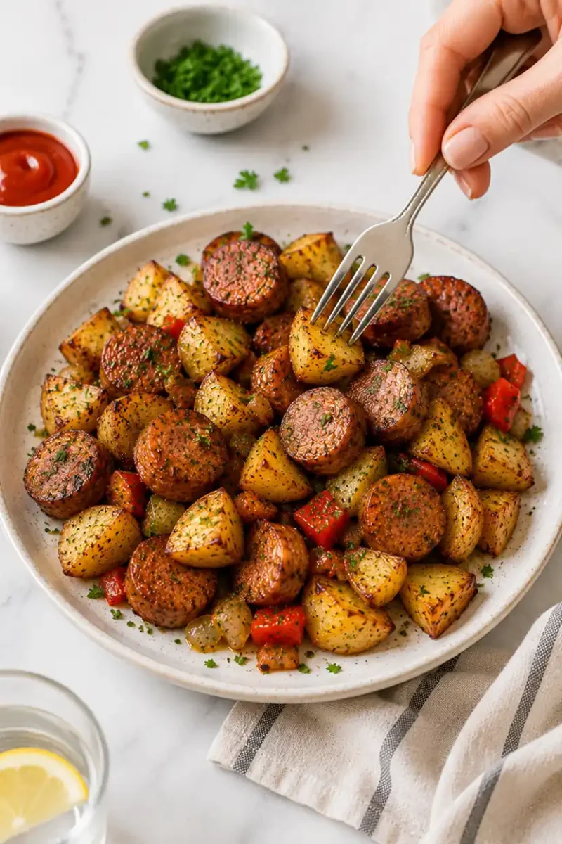 Hand picking up a piece of sausage from roasted potatoes and sausage on a plate