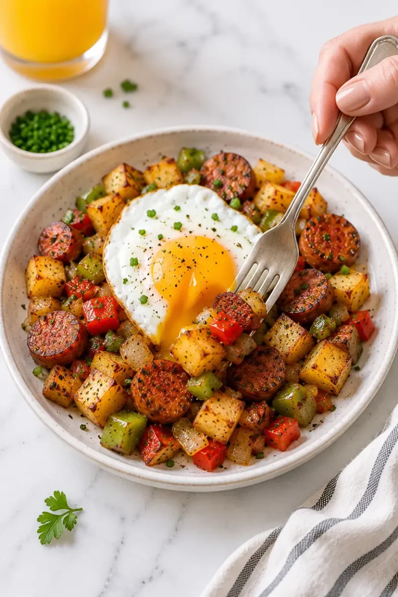 Fork cutting into a fried egg over crispy air fryer sausage potato hash with peppers
