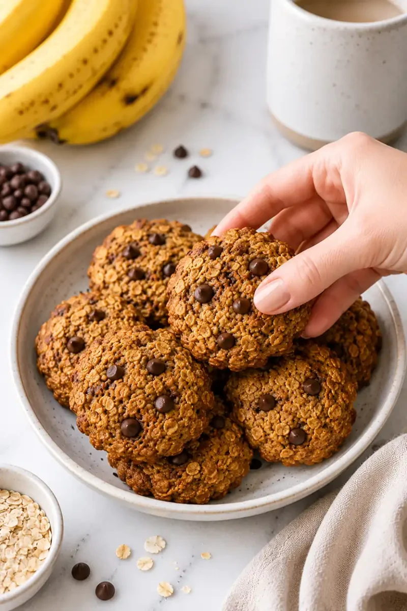 Hand picking up a banana oatmeal chocolate chip cookie from a plate of freshly baked cookies