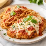 Air fryer chicken parmesan served with spaghetti and melted mozzarella on a white plate