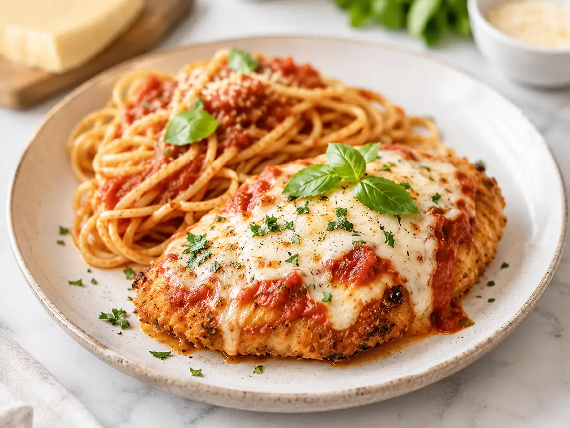 Air fryer chicken parmesan served with spaghetti and melted mozzarella on a white plate