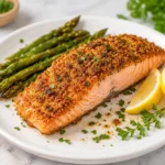 Seasoned air fryer salmon fillet served with asparagus and lemon wedges on a white plate